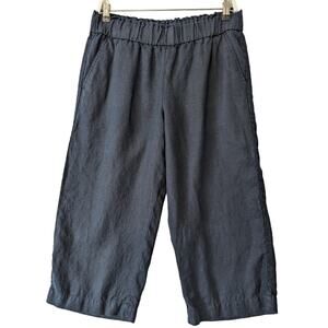 Talbots Womens Linen Wide Leg Cropped Pants Navy Blue Size Medium Pockets Resort